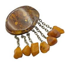 Load image into Gallery viewer, Vintage USSR Baltic Amber Brooch with Dangle Chains, Statement Jewelry in Silver Tone
