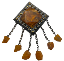 Load image into Gallery viewer, Vintage USSR Natural Baltic Amber Brutalist Brooch with Dangle Chains, Sterling Silver Statement Pin
