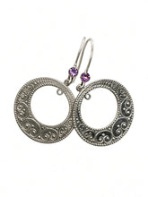 Load image into Gallery viewer, Vintage USSR Soviet 875 Silver Amethyst Earrings Open Circle Filigree Drops 5.55g
