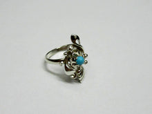 Load image into Gallery viewer, Vintage Russian Soviet sterling silver 925 ring with turquoise, women's jewelry, size 7.25 US, detailed silver band design
