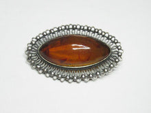 Load image into Gallery viewer, Back View of Vintage 875 Sterling Silver Amber Brooch with Hallmarks
